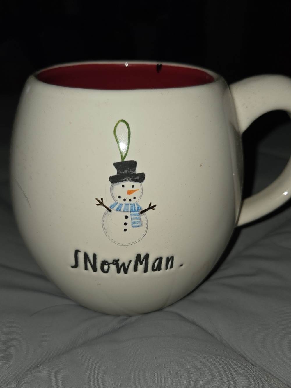Rae Dunn Snowman Ceramic Holiday Mug - White with Red Interior